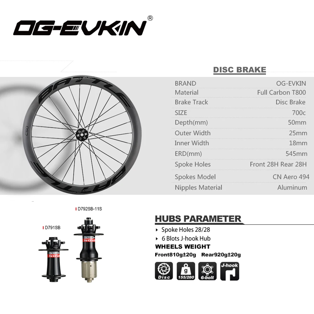Perfect OG-EVKIN RW-002 Carbon Wheels Clincher 50mm Depth 25mm Outer Width V-Brake/Disc Brake Carbon Wheel For Road Bike 700c Wheelset 1