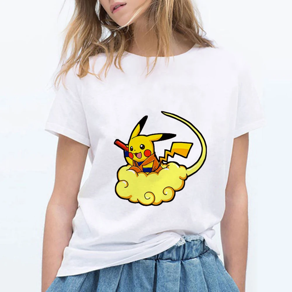 Новые модные женские туфли футболки Pokemon kawaii футболка аниме Pika Для женщин футболка Пикачу футболка хлопок короткий рукав для девочек Футболки-топы - Цвет: 19bk342