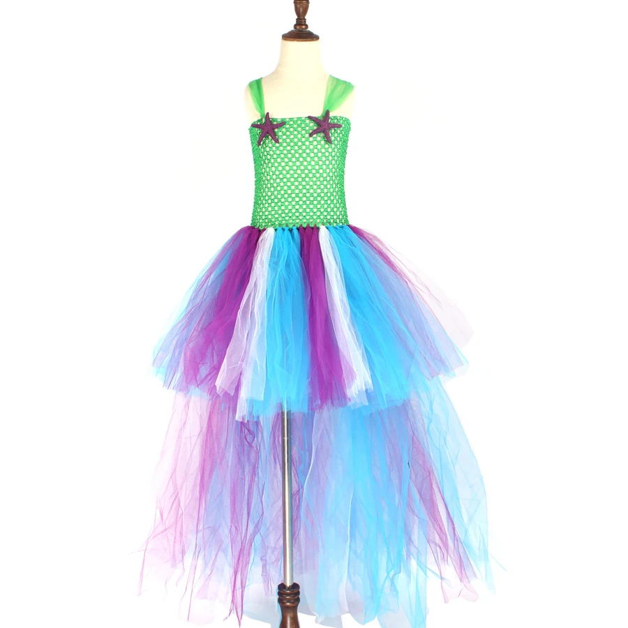 Girl Mermaid Costume Tutu Dress Siren Mermaid Dress with Trail Under the Sea Starfish Children Birthday Dress Pageant Ball Gowns (15)