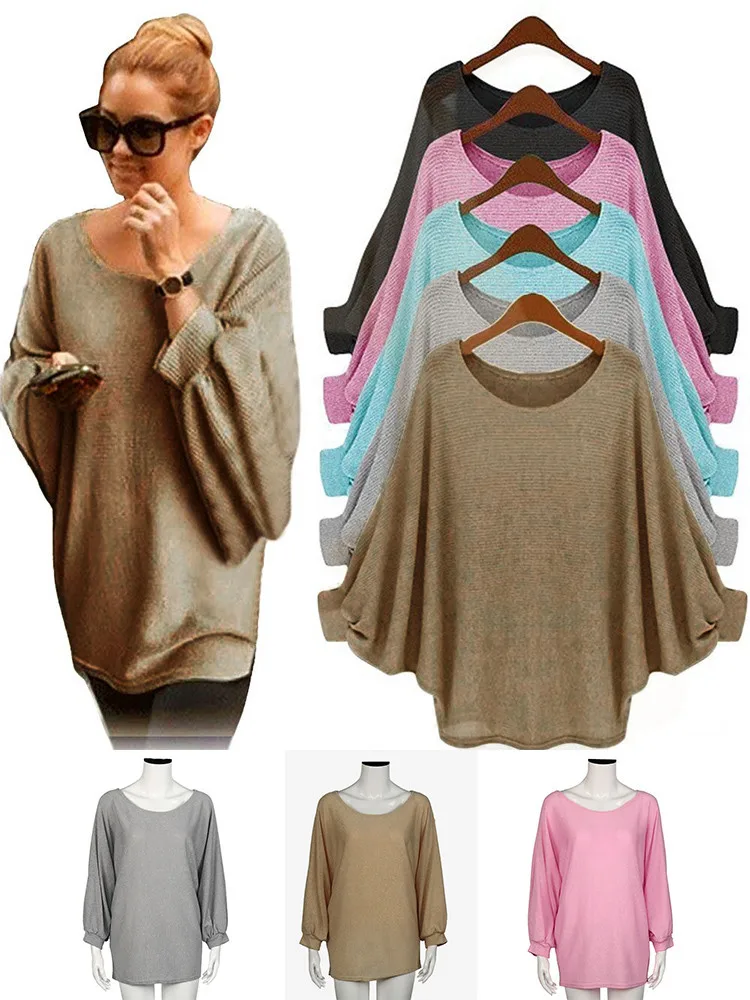 Осенний тонкий женский свитер большого размера, вязаный пуловер с рукавом летучая мышь, однотонный свободный свитер, женская одежда, новинка, зимняя одежда для женщин