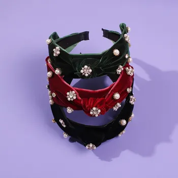 

Retro Velvet Pearl Headbands for Women Wide Rhinestone Hair Headwear Middle Cross Bezel Hoops Girls Hair Accessories Wholesale
