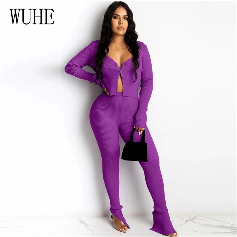 

WUHE Autumn Ribbed Knitted Buttons Up Long Sleeve Top and Split Hem Skinny Flare Pant Two Peice Set for Women Matching Sets