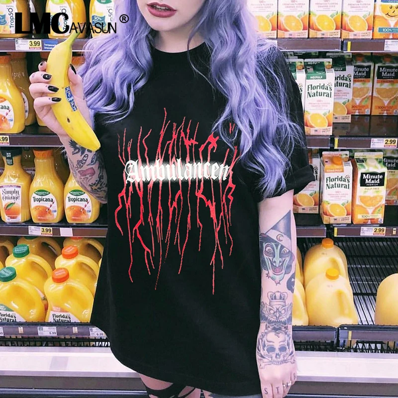 

LMCAVASUN noctilucous Grunge Punk Gothic T-shirts Loose Streetwear Harajuku Letter Print Summer 2019 Female Tshirt Casual