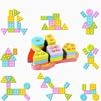 

Color cartoon animal five sets of columns Lion shape building blocks set of wooden children's puzzle building blocks toys