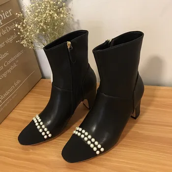

Elegant Block Heel Shoes Woman Sexy Pointed Toe Chelsea Leather Boots for Women Brand Designer Ankle Boots Botas De Mujer ER31