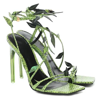 

Womens Peep Toe Green Snake Pattern Leaf Decor Stilettos High Heel Pumps Ankle Straps Sandals Slingback Summer Shoes
