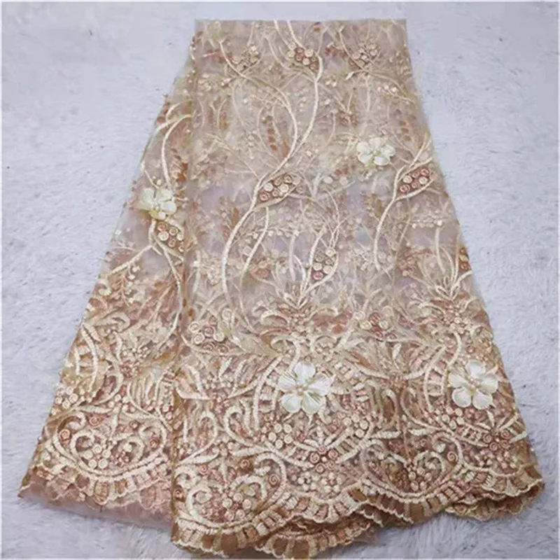 3d flower African French Beaded Lace Fabric 2019 High Quality gold Nigerian Tulle Mesh Fabrics for Wedding | Дом и сад