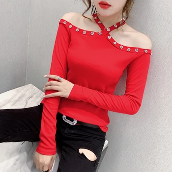 

Sexy T-shirts Girls Fashion Sheath Chic Halter Neck Full Sleeve Chic Beading T shirts Tops Ladies Solid Off Shoulder Tees Shirts