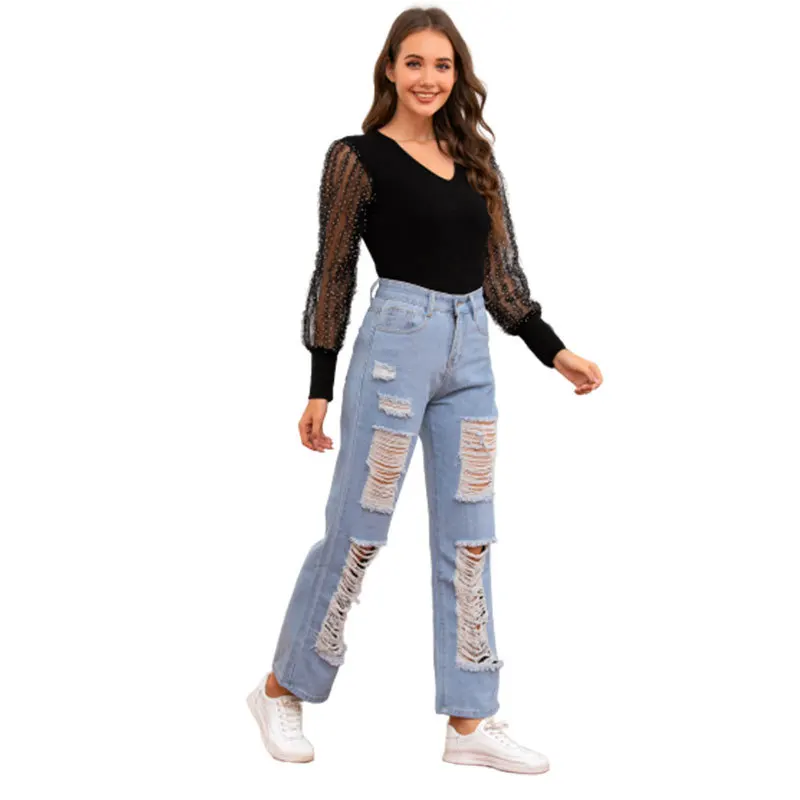 

Hollow button jeans pants high waist straight pants loose Street jeans large wide leg jogging pants