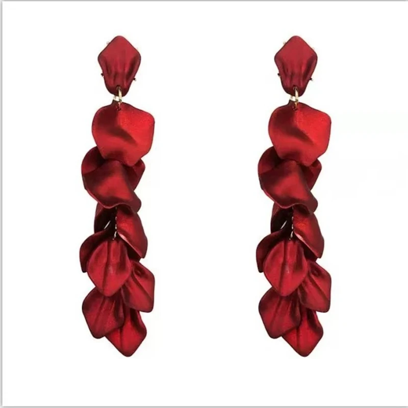 

New Earrings red rose petals long fringed Earrings