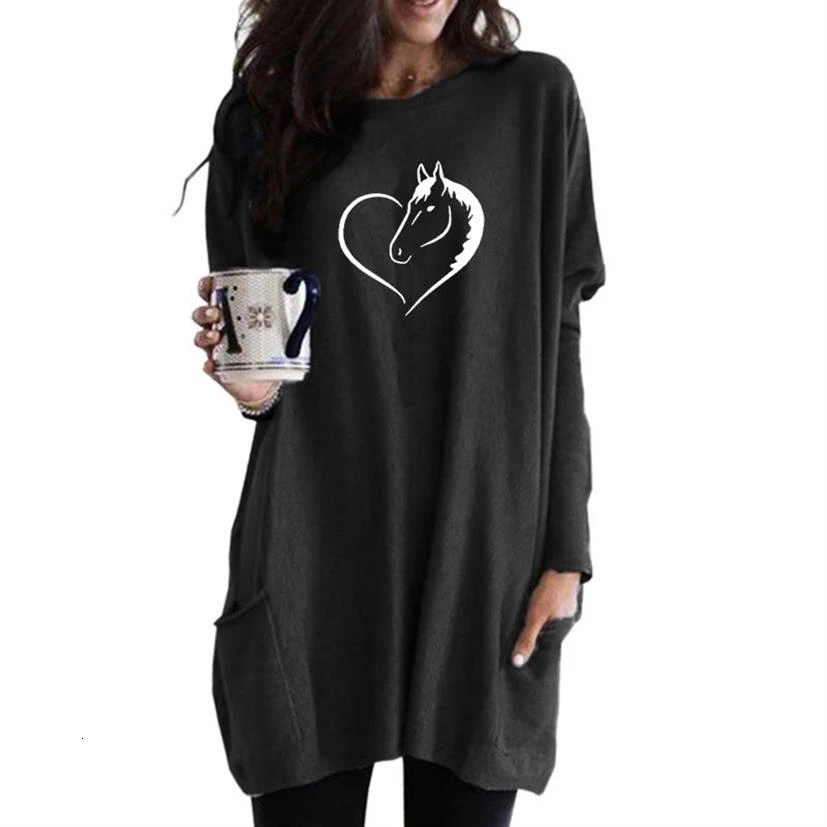 

2019 Fashion Horse Letters Print Long Sleeve Casual Pocket T-Shirt For Women Women Tops Tshirt T-Shirt Female Graphic Tees Women