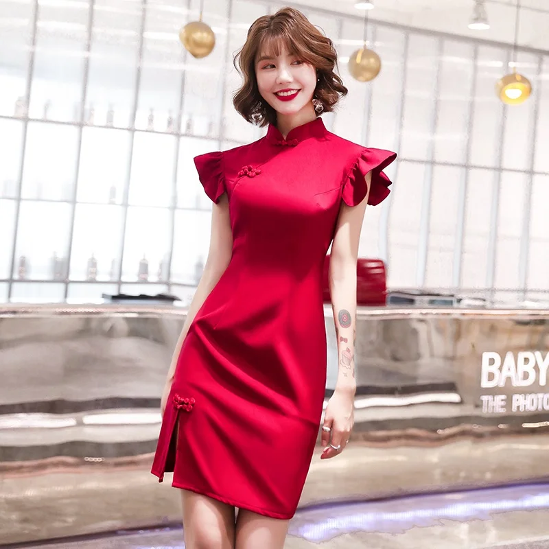 Современный китайский Чонсам Ципао женский короткий Vestido тонкое повседневное Ретро восточное платье Красный Черный Cheongsam свадебное платье TA1805