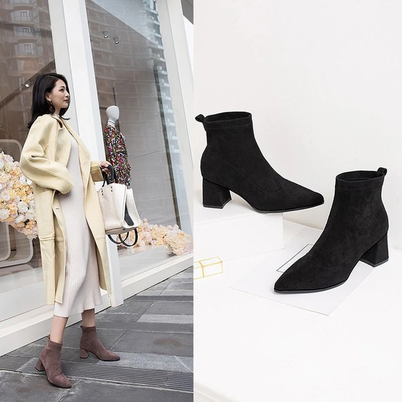

pointed toe stretch flock chelsea boots woman slim black/brown thick high heel botas mujer brief all match slip-on ankle booties
