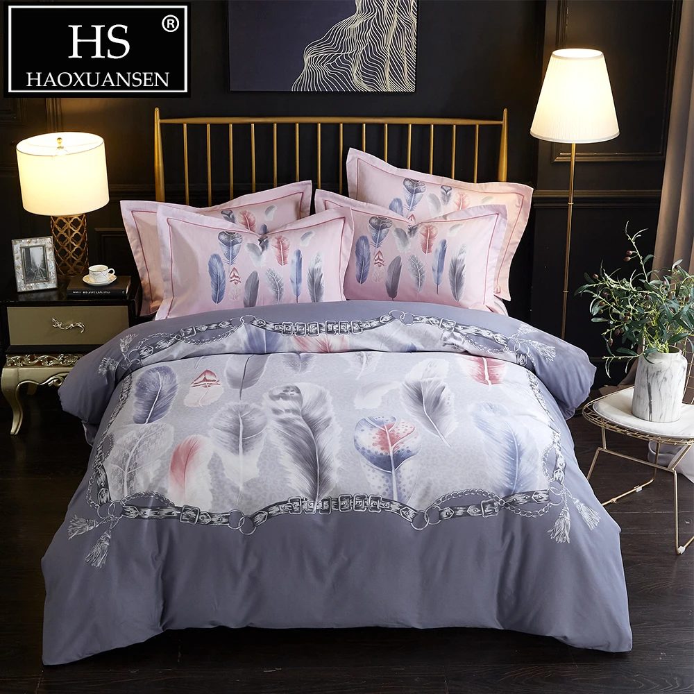 

Feather Printed Sanding Cotton Bedding set Grey Thistle 4Pieces Duvet Cover Soft Warm for Winter Queen King Size