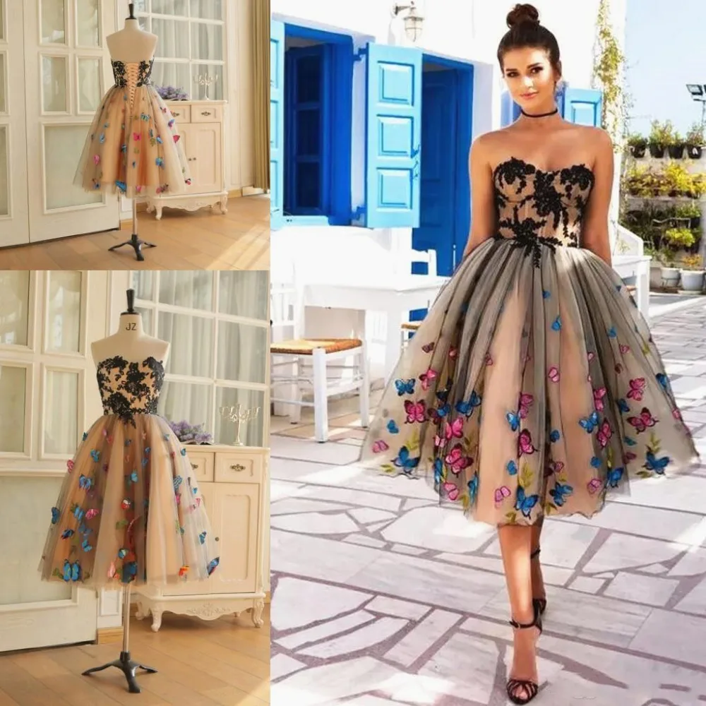 3d-butterfly-colorful-prom-dresses-2019-tea-length-short-strapless-black-lace-homecoming-  party-gowns-customize-plus-size