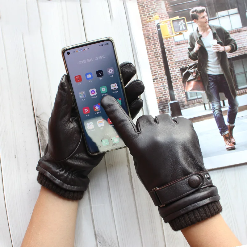 High-quality sheepskin touch screen gloves men's new corrugated wool knitted warm velvet motorcycle driving leather gloves