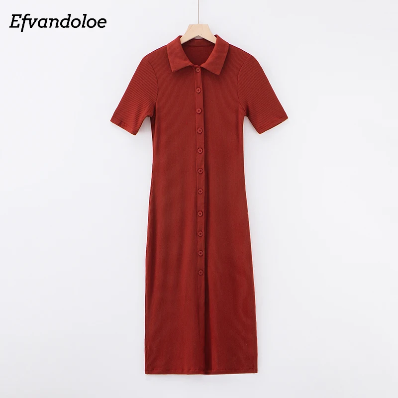 

Efvandoloe Knitted Polo Dress Shirt Casual Midi Women Dress Turn Down Collar Short Sleeve Bodycon Clothes