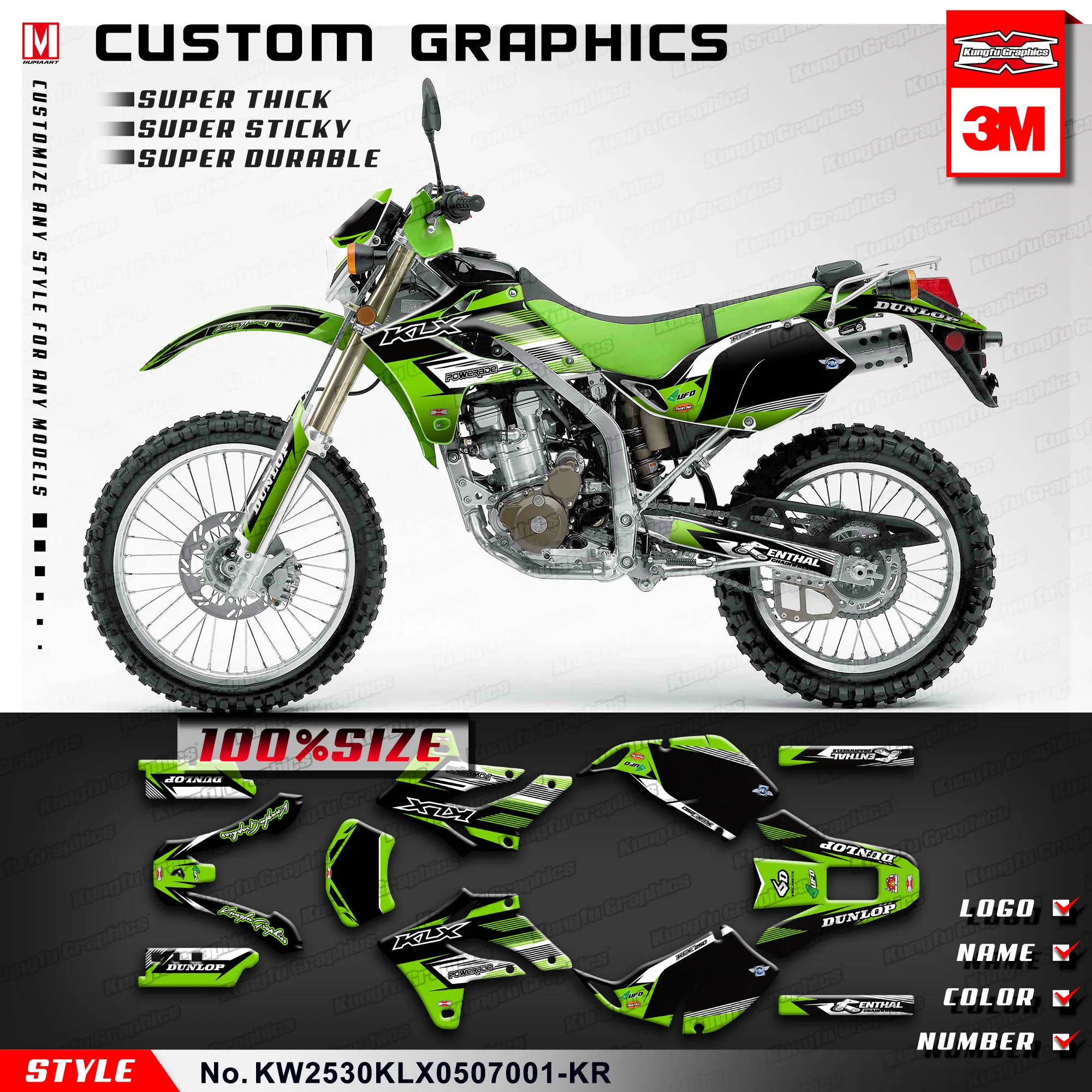 

KUNGFU графические внедорожные наклейки MX наклейки графика для Kawasaki KLX 250 300 S KLX250S KLX300S 2005 2006 2007, Настраиваемые