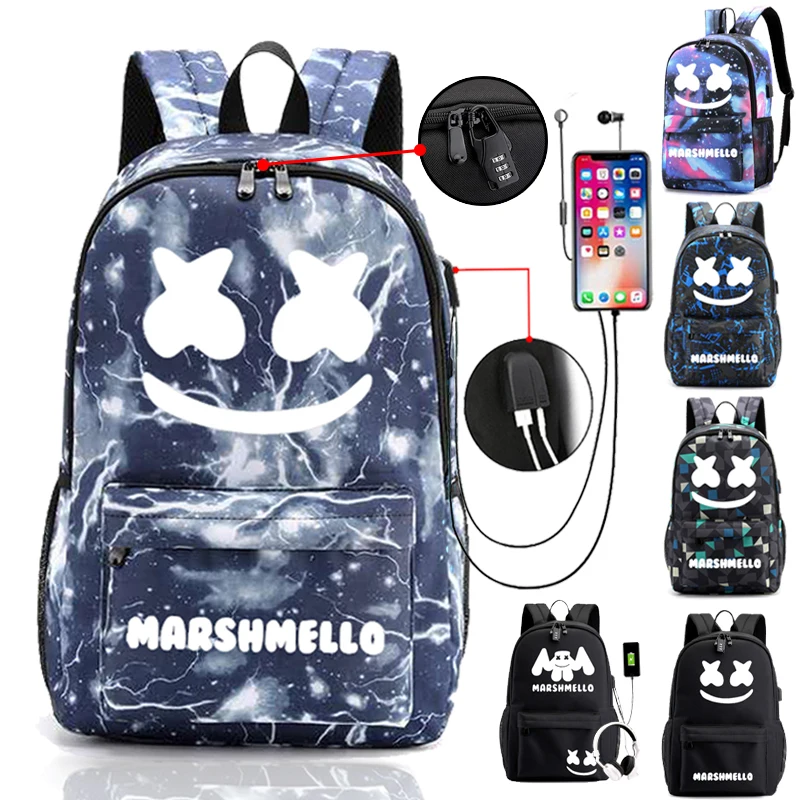 Брезентовый светящийся DJ Marshmallow студенческий для подростка студенческий рюкзак USB зарядка ноутбук противоугонные школьные сумки