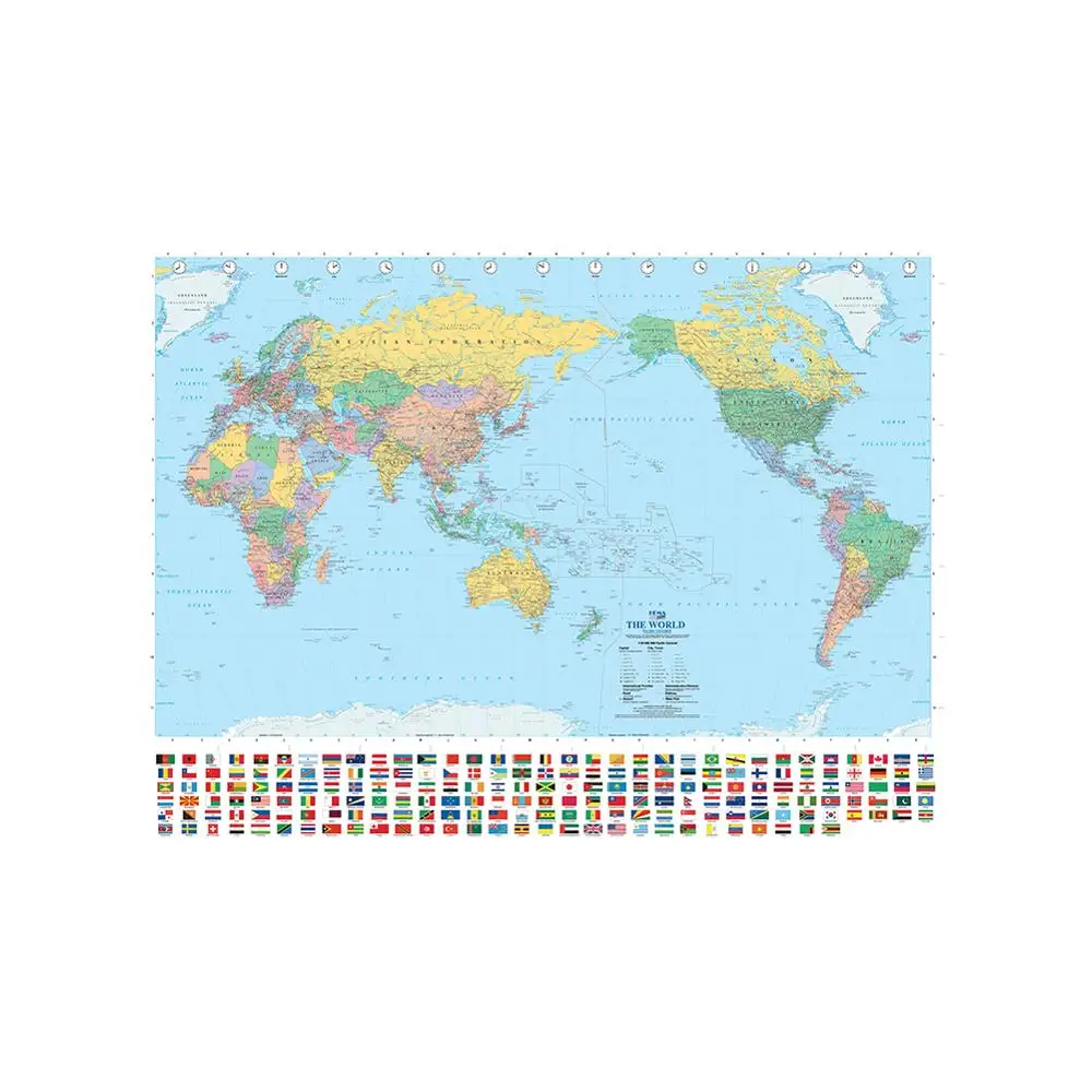 

150x225cm The World Map Pacific Centred Non-woven Waterproof Map With National Flag For Geographical Research