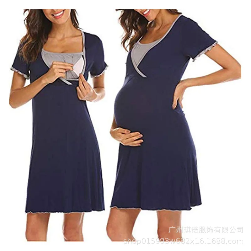 QWEEK новая однотонная цветная ночная рубашка для женщин в Корейском стиле с v-образным вырезом и рюшами, ночное платье свободного кроя для беременных женщин
