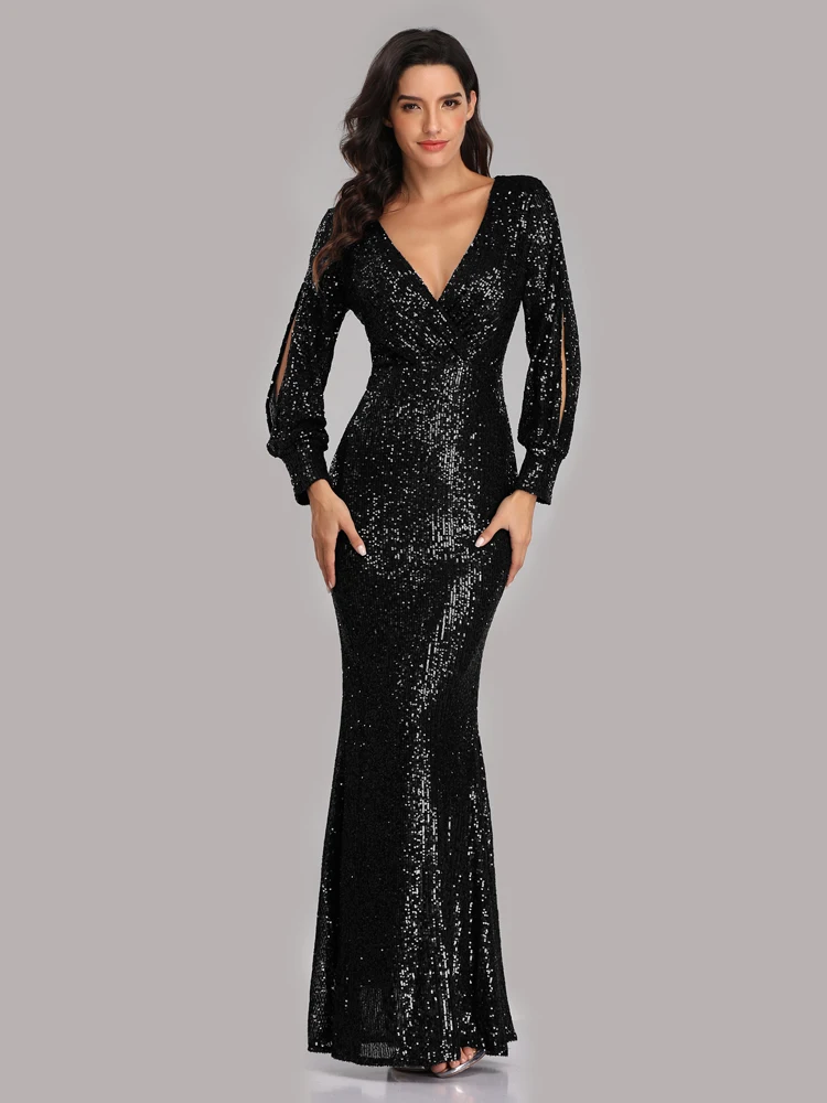 Sexy V-neck Mermaid Evening Dress Long Formal Prom Party Gown Full Sequins long Sleeve Women Dresses