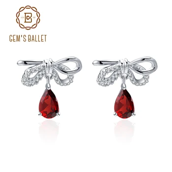 

GEM'S BALLET Natural Garnet Stud Earrings 925 Sterling Silver Bow Water Drop Shape Retro Stud Earrings Women Fine Jewelry