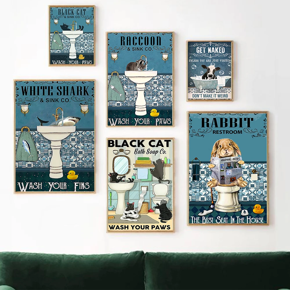 Black Cat Shark Rabbit Raccoon Poster Get Naked Quote Print Bagno Wall Art Toilet Canvas Painting Pictures Room Wall Decor