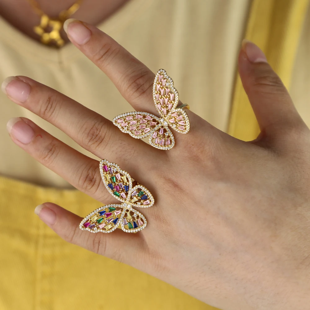 Коктейльное кольцо с бабочкой для женщин, роскошные золотые, розовые, радужные, cz проложили, с открытой регулировкой, модные ювелирные изделия