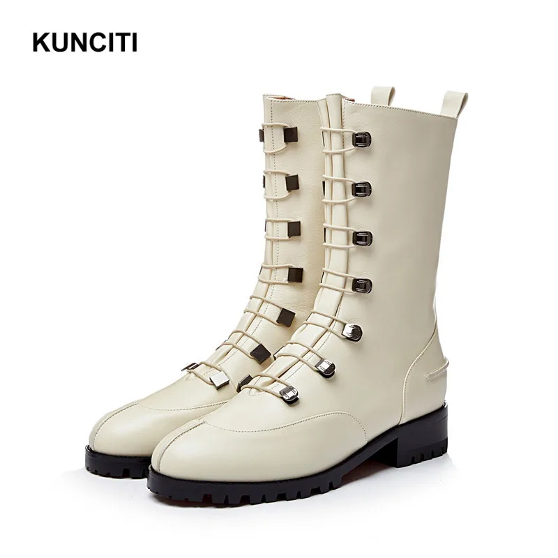 

2019 KUNCITI Genuine Leather Women Boots Fashion Designer Rivet Mid Calf Autumn Shoes High Quality Gladiator Boots D9199