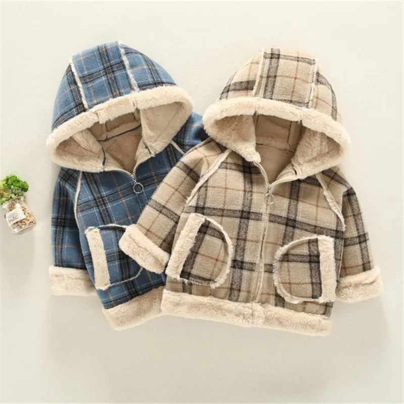 Winter Girls Hooded Clothes Plus Velvet Thick Korean Baby Thick Fur Collar Plaid Warm Jacket Baby Boy Jacket