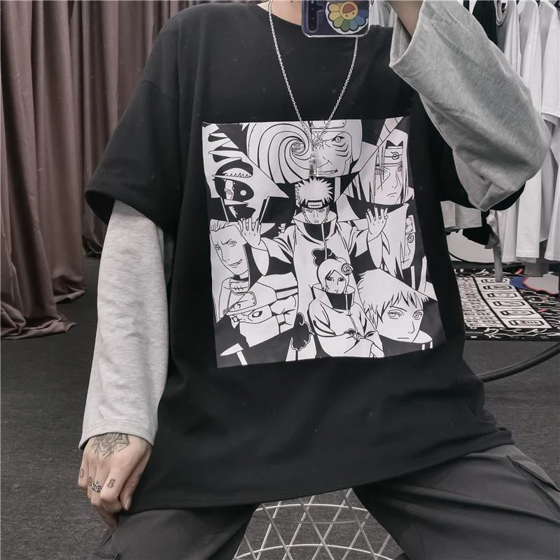 

N iceMix Harajuku Loose Casual T shirt Cartoon Anime Tees Fake Two Piece Long Sleeve T-Shirt Couple Outfit Tops women camiseta
