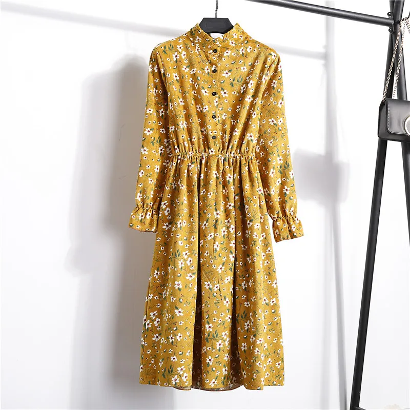 Женское милое вельветовое плотное осенне-зимнее платье со стоячим воротником и цветочным принтом, элегантное винтажное платье с длинным рукавом и эластичной талией