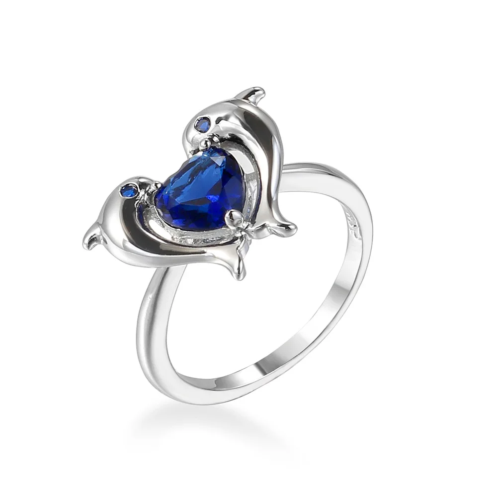 

Grace Exquisite Women's Heart-shaped Crystal Zircon Ring Animal Dolphin Ring Ocean Blue Gem Ring Cocktail Party Jewelry