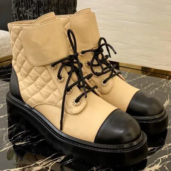 

Prowow Genuine Leather Black Beige Ankle Winter Women Boots Platform Letter Printed Thick Heel Boots Shoes Women Zpatos Mujer