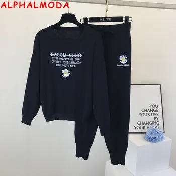 

ALPHALMODA Trendy Daisy Flower Embroidery Black Knitted Fashion Suit Female Casual Piece Tide