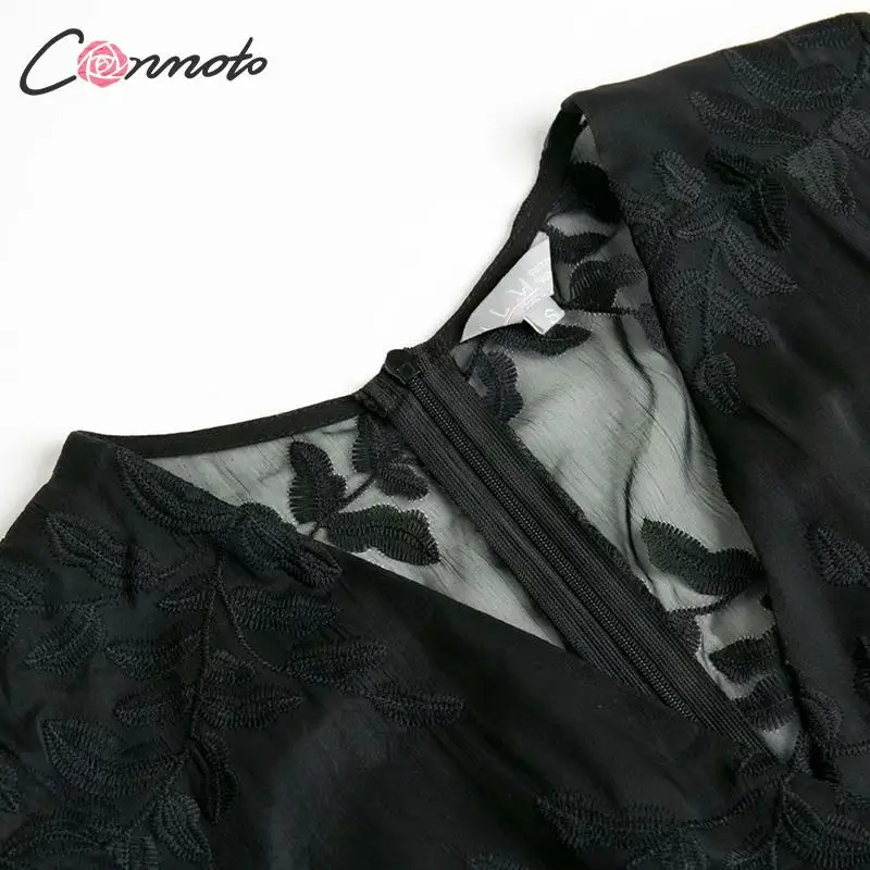 Conmoto сексуальный v-образный вырез вышивка Короткие вечерние платья Осенне-зимняя Дамская обувь с длинным рукавом Прозрачный Высокая Талия Мини платье Леди Vestido