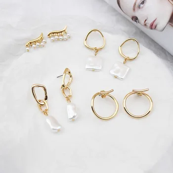 

SRCOI European New Design Female Simulated Pearl Earrings Exaggerated Metal DIY Wedding Earrings 2019 Brincos Geometric Stud Ear