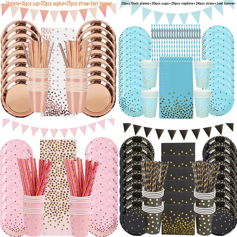 

Rose Gold/Pink/Black/Blue Disposable Dinnerware Set Birthday Party Tableware kit for Baby Shower 1st birthday Wedding christmas