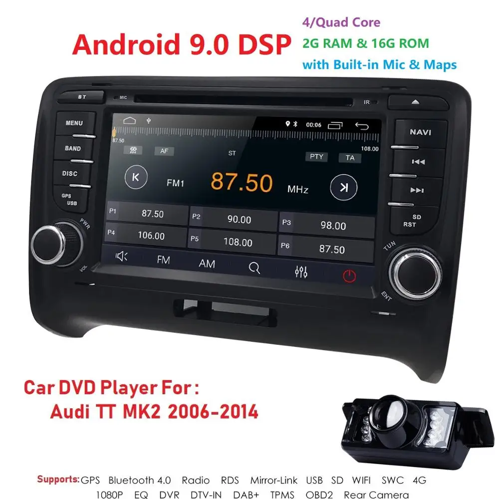 Perfect Android 9.0 4-Core Car Radio Stereo DVD Player GPS Navigation For AUDI TT MK2 DAB OBD2 Bluetooth Headunit +Free Rear Camera+Map 5