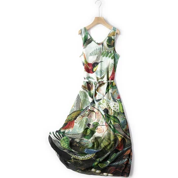 

Birds Print Real Silk Tank Dress 2020 Summer Thin Chinese Style A-Line Animal Sleeveless Sashes Mid-Calf V-Neck dresses