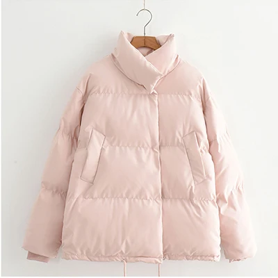 Pink Однотонное зимнее пальто с воротником-стойкой, женское повседневное свободное теплое пальто на пуговицах, Женское пальто Harajuku размера плюс, хлопковая парка, куртки, верхняя одежда - Цвет: Pink