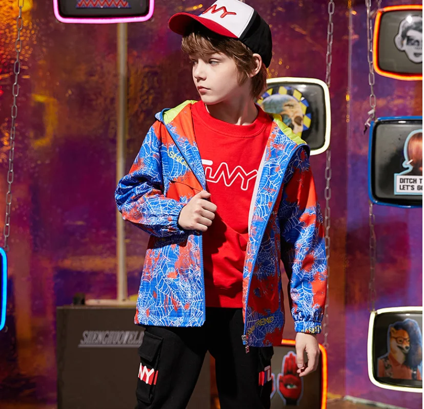 Куртка Человек паук для мальчиков пальто на молнии с капюшоном весенние детские