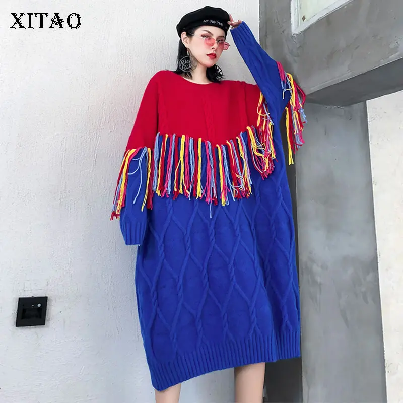 XITAO хит цвета размера плюс платье с кисточками женская одежда модный Свободный пуловер Длинный рукав элегантное вязаное платье зима XJ2540