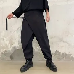 Для мужчин Япония уличная лента Сращивание Свободные повседневные Черные крест брюки мужские хип хоп панк готические шаровары