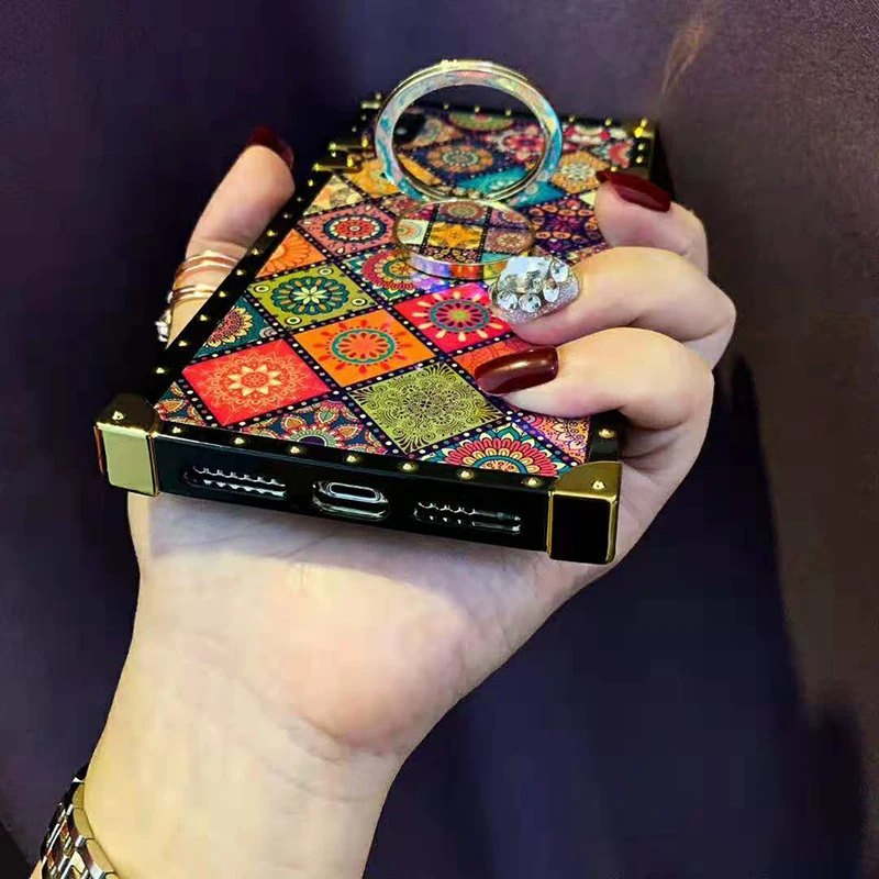 Luxury Square Blu-ray Bohemian Ethnic Style Frame Case for iPhone 7 8 Plus 6 s 11 pro xr xs Max X Soft Silicon for Samsung Cover (11)