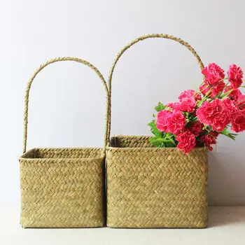 

Hand Woven Portable Flower Basket Retro Straw Arrangement Succulent Plant Dirty Clothes Storage Basket
