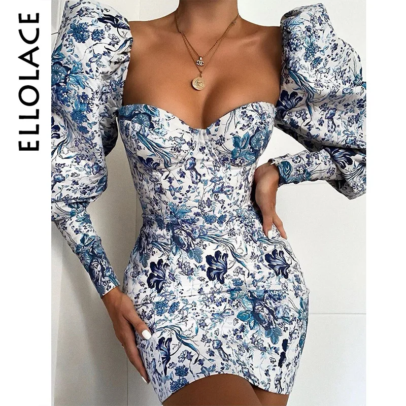 

Ellolace Floral Print Elegant Mini Dress Women Bodycon Puff Sleeve Blue Chinese Female Party Dress 2019 New Autumn Winter Dress