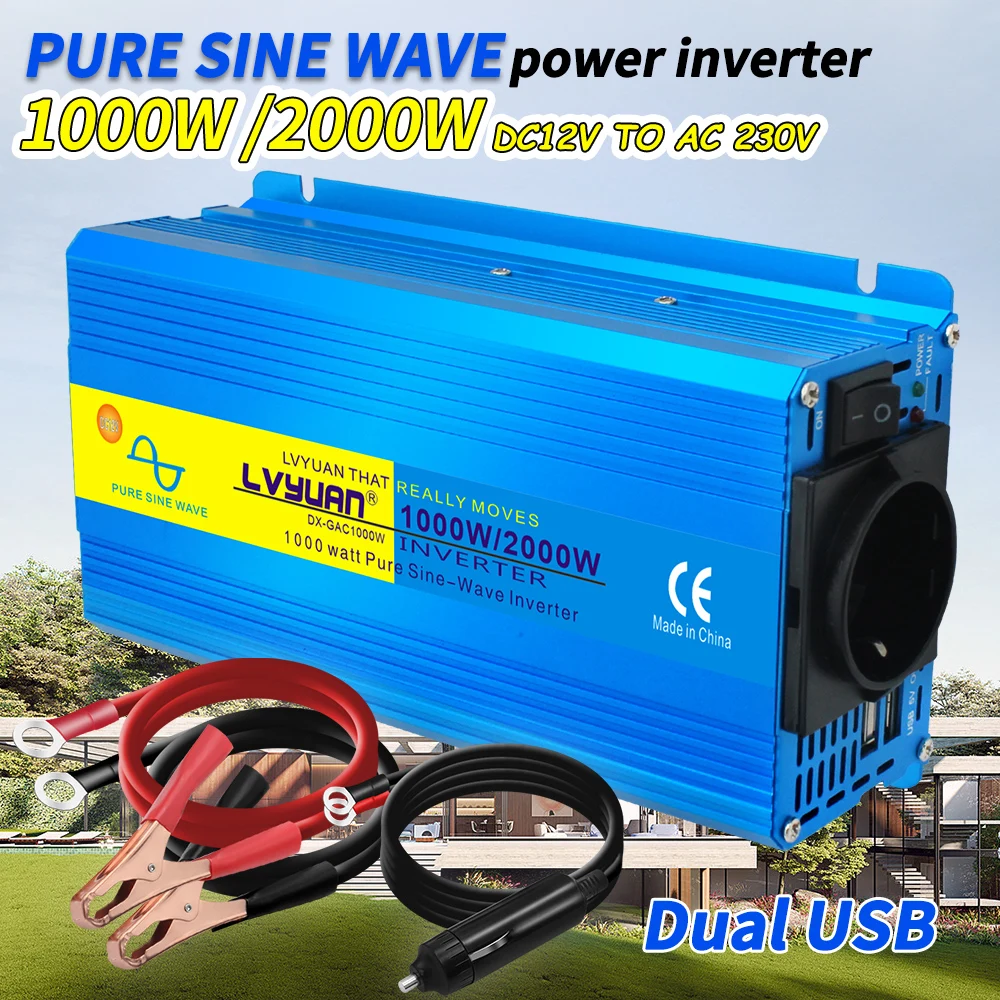 Inversor de onda sinusoidal pura de 2000W, convertidor de transferencia de voltaje de cc 12V/24V a CA 220V 230V, adaptador de carga, enchufe europeo, accesorios para automóviles