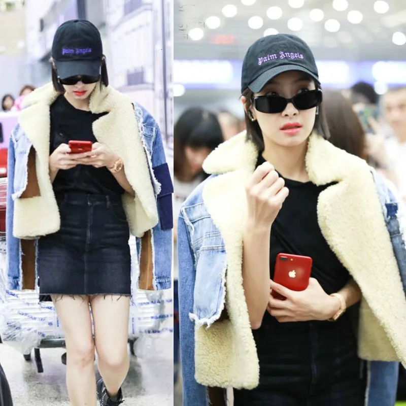 

2019 winter sheep fur turn-down collar full sleeves denim blue patchwork spliced clothes letters printed coat trench WJ1020